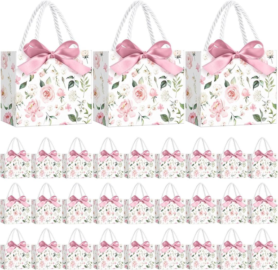 Moinchore 30 Pcs Pink Floral Paper Gift Bags with Ribbon Handles, 5.5 x 4.7 x 2.5 in Medium Decorative Favor Bags for Baby Shower, Bridal Party, Wedding, Birthday, Candy, Snacks and Small Gifts