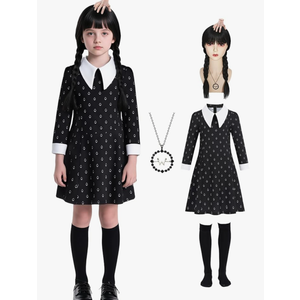 Black Dress for Women Kids Halloween Costume with Accessories Wig Necklace 7-8y