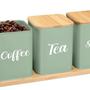 Tioncy Coffee Tea Sugar Container with Tray Set of 3 Airtight Metal Canister with Bamboo Lid Tray for Kitchen Counter Dining Room Farm House Kitchen Style Drink Station Organizer Set (Sage Green)