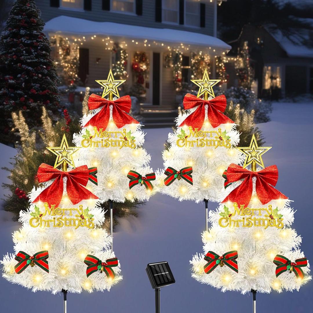 4 Pack Christmas Tree Solar Pathway Lights Outdoor Decorations, Waterproof Artificial Mini Xmas Tree Stake Lights with DIY Ornamets for Garden Yard Porch Decor (White Tree)