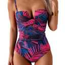 Eomenie Women's Push Up Wrap Front Swimsuit One Piece Tummy Control Bathing Suits Bandeau Support Slimming Swimwear, Extra Large, Purple and Black Printed