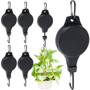 6pcs Plant Pulley Retractable Hanger Easy Reach Plant Pulley Adjustable Height Wheel for Hanging Plants Heavy Duty Plant Hanger for Garden Baskets Pots- Black