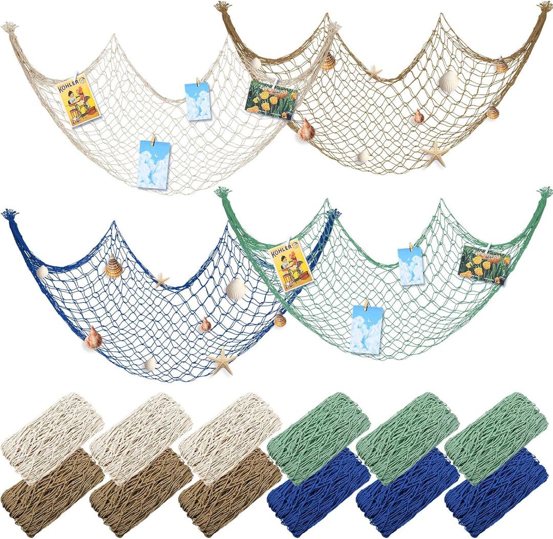 12 Pack Natural Fish Netting Decorative 80 x 40 Inch Fish Net Decorations for Pirate Party Ocean Beach Wall Hanging Decoration Nautical Sea Party Decorations Photo Picture(Classic Color)