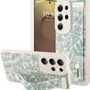 OOK Compatible with Samsung Galaxy S25 Ultra Silicone Phone Case with Strap, Cute Floral Flower Pattern for Women Girls, Adjustable Finger Strap Kickstand Slim Protective Cover, White Sage Flower