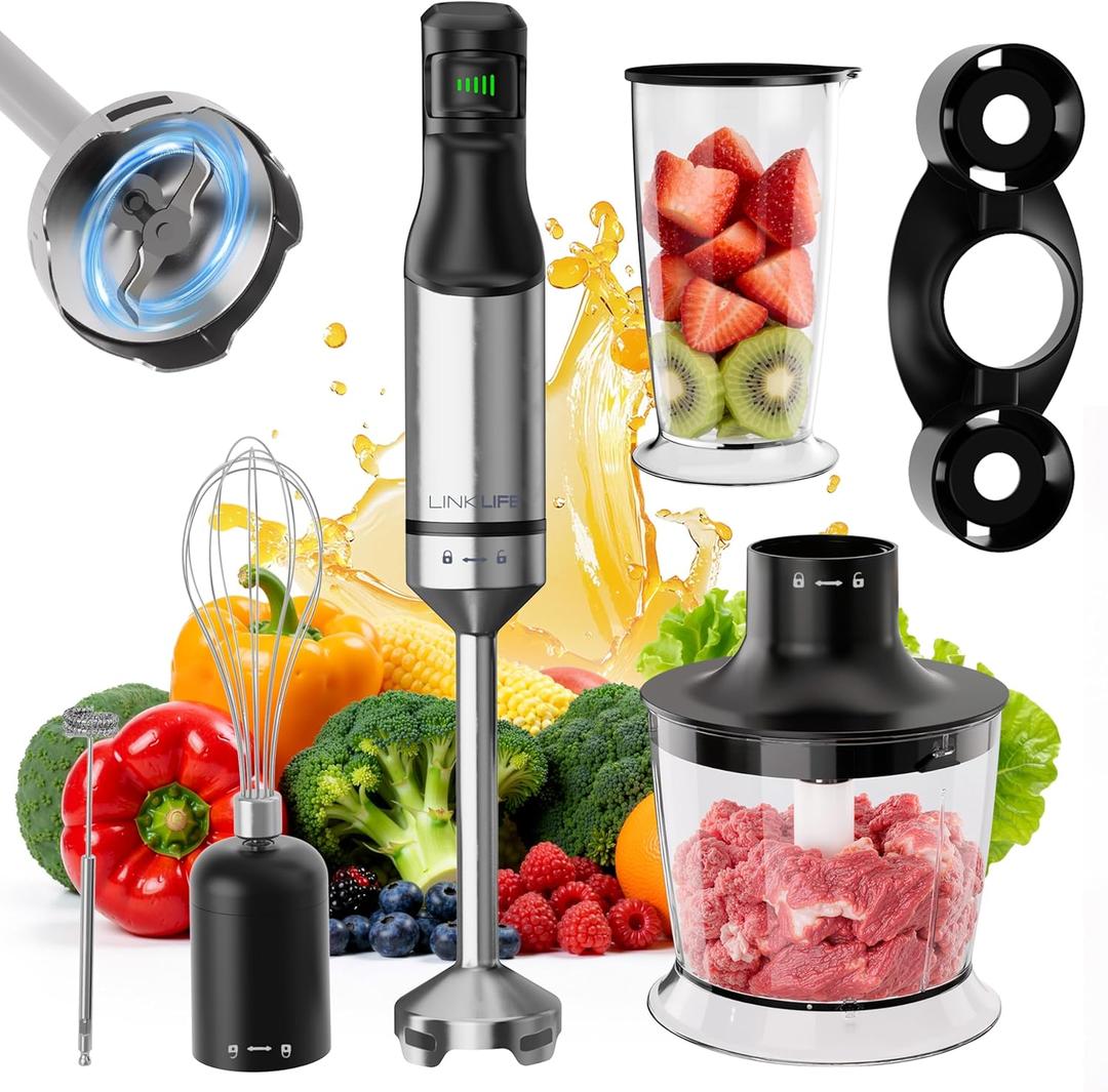1200W Immersion Blender Handheld, 5-in-1 Variable Speed Emulsifier Hand Blender Stick with Whisk Chopper Milk Frother Mixing Cup and Storage Rack for Kitchen Soup, Purees, Baby Food and Smoothies