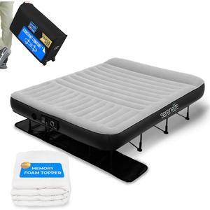 SereneLife Luxe Inflatable Air Mattress with Frame - Wall Plug AC Powered Auto Inflating Pressure Maintaining Pump - Luxury Air Bed Set with Memory Foam Cover, Headrest, Rolling Zip Carry Case (Queen)