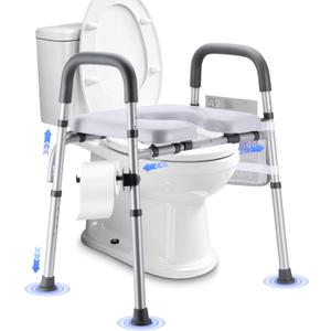 Raised Toilet Seat with Handles, Toilet Seat Riser for Seniors with Adjustable Height & Width. Cozy Padded 500lb Handicap Elevated Toilet Seat for Elderly, Surgery, Pregnant. Fit Any Toilet (Grey)