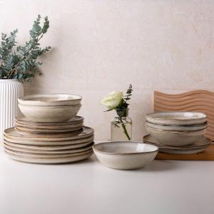 AmorArc Ceramic Dinnerware Sets for 4, 12Pcs Plates and Bowls Sets Dishes | Stoneware Handmade Reactive Glaze Dinner Set, Highly Scratch Resistant | Dishwasher & Microwave Safe Dishware-Cappuccino