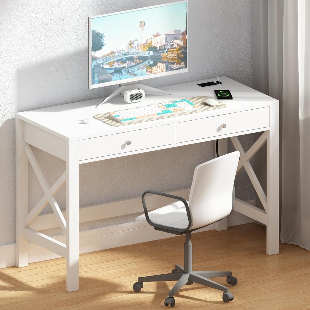 ChooChoo Computer Desk with USB Charging Ports and Power Outlets, Modern Simple 40 Inches Desk with Drawers, Makeup Vanity Console Table, White