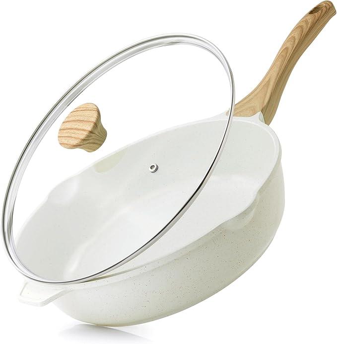 Nonstick Ceramic Saute Pan 12-Inch, 5QT Non-toxic Deep Frying Pan Skillet with Lid, Healthy No Teflon Cookware, Stay Cool Handle, Induction Compatible, PFAS Free