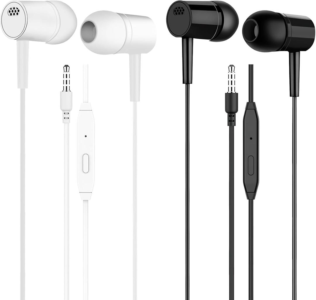 Wired in-Ear Earbud Headphones with Mic 2 Pack, 3.5mm Jack, Black & White