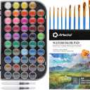 Artecho 48 Colors Watercolor Paint Set with Pad | 10 Paint Brushes, A5 Watercolor Paper Pad, 2 Watercolor Pens, Washable, Adult Set, 213 Count