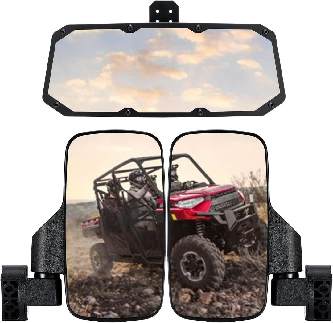 UTV Ranger Side Mirrors and UTV Center Mirror Set Compatible With 2015-2025 Polaris Ranger 500 570 900 1000 XP with Pro-Fit Profiled Tube