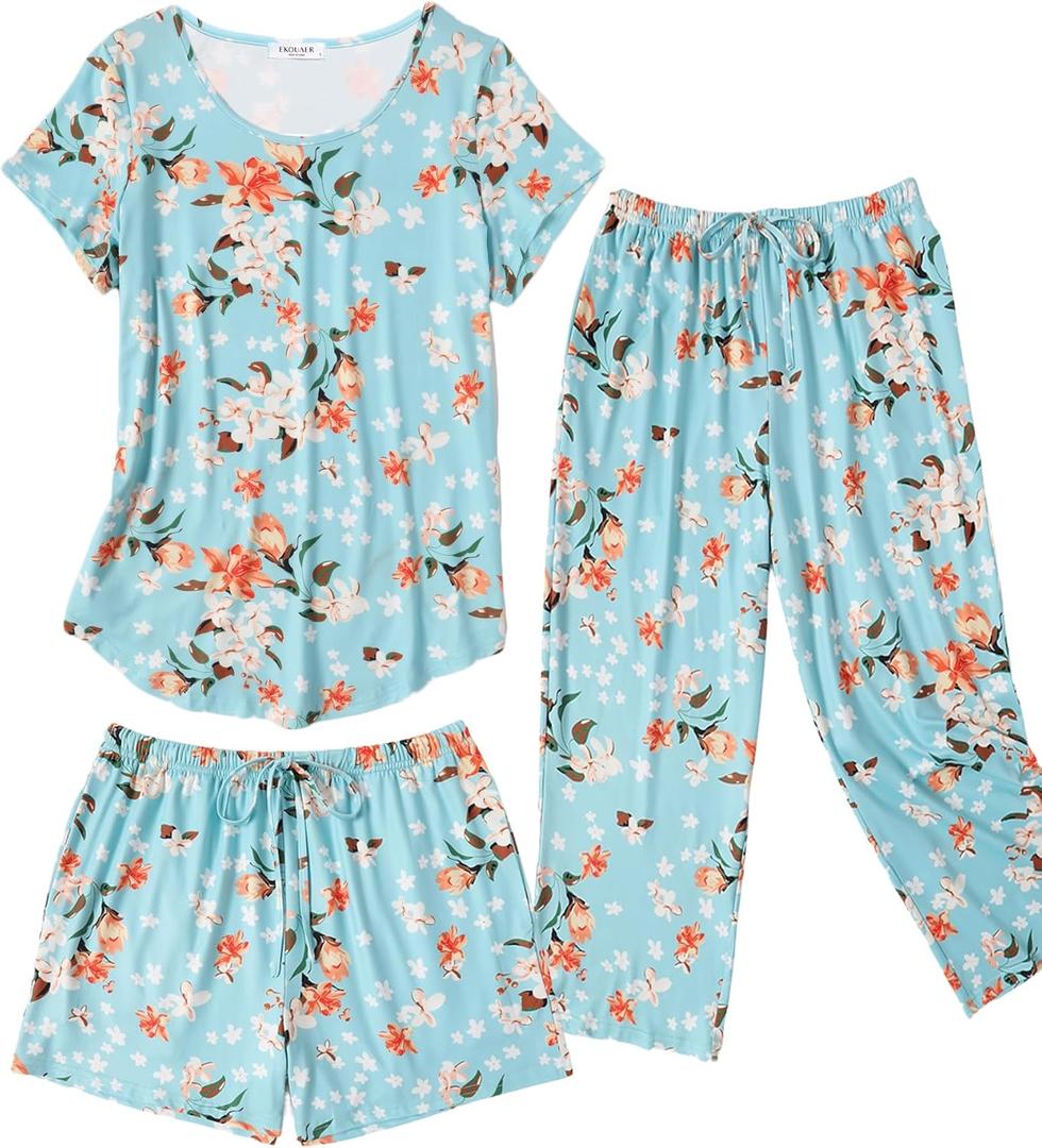 Ekouaer 3 PCS Capri Pajamas for Women Set Short Sleeve Pajama Sets Floral Pj Sets Soft Sleepwear with Pockets (X-Large, Green Flowers) Ekouaer 3 PCS Capri Pajamas for Women Set Short Sleeve Pajama Sets Floral Pj Sets Soft Sleepwear with Pockets (X-Large, Green Flowers)