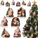 24 Pcs Wooden Santa Ornaments - 6 Styles Nativity of Christ Ornaments for Christmas Tree - 4 x 3.5 Inch Santa with Baby Jesus Hanging Decoration for Home Winter Party
