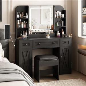 Vabches Black Vanity Desk, Vanity Mirror with Lights, Makeup Desk with Stool, Makeup Table with Large Storage Drawers and Shelves, Time and Temperature Display, 3 Led Lighting Modes Adjustable