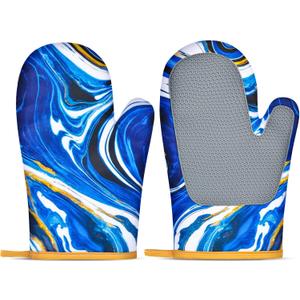 Cute Oven Mitts Heat Resistant Silicone Surface Oven Gloves with Quilted Liner Extended Non-Slip Pot Holders for Kitchen Baking Cooking Grilling(Blue Marble)