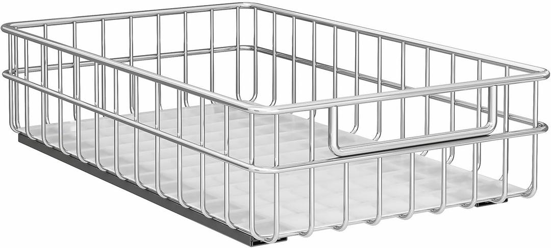 Pull out Cabinet Organizer, Stainless Steel 1-Pack (11.8"W x 21"D) Full-Extension Slide out Drawer, Adhesive Roll out Can Spice Storage Basket Shelf Rack for Pantry, Kitchen, Bathroom, Home Closet