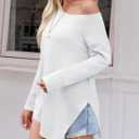 Tankaneo Womens Off The Shoulder Tops Casual Long Sleeve T Shirts Irregular Hem Split Tunics Loose Fall Blouse Shirt (White, L)