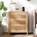Keehusux Rattan Nightstand with Charging Station, 23.6" Wide Bedside Table with 3 Drawers, Boho Night Stand with Metal Handles, Accent End Table for Bedroom, Guest Room, Natural, 23.6"W x 15.7"D x 28.5"H