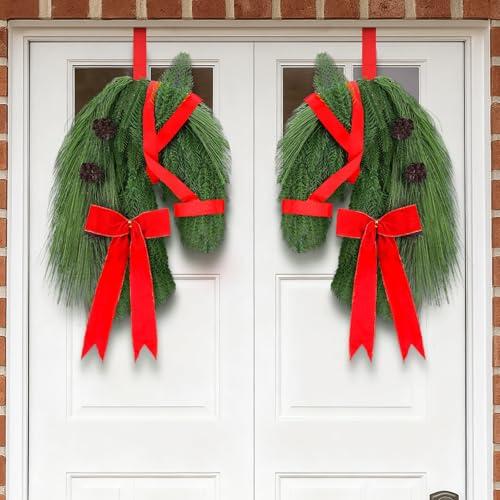 Suncalla 2 Pcs Christmas Horse Head Wreath Artificial Christmas Wreath Green Pine Needles Horsehead Decor with Red Ribbon Pinecone Farmhouse Xmas Garland for Front Door Farmhouse