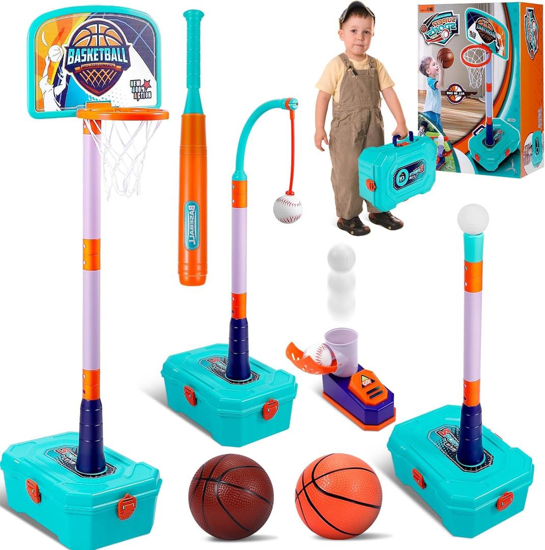 4 in 1 Toddler Basketball Hoop and T Ball Set Adjustable Kids Basketball Goal Baseball Tee with Pitching Machine Christmas Birthday Indoor Outdoor Sport Toy Games Gifts for Boys Girls Age 3-5