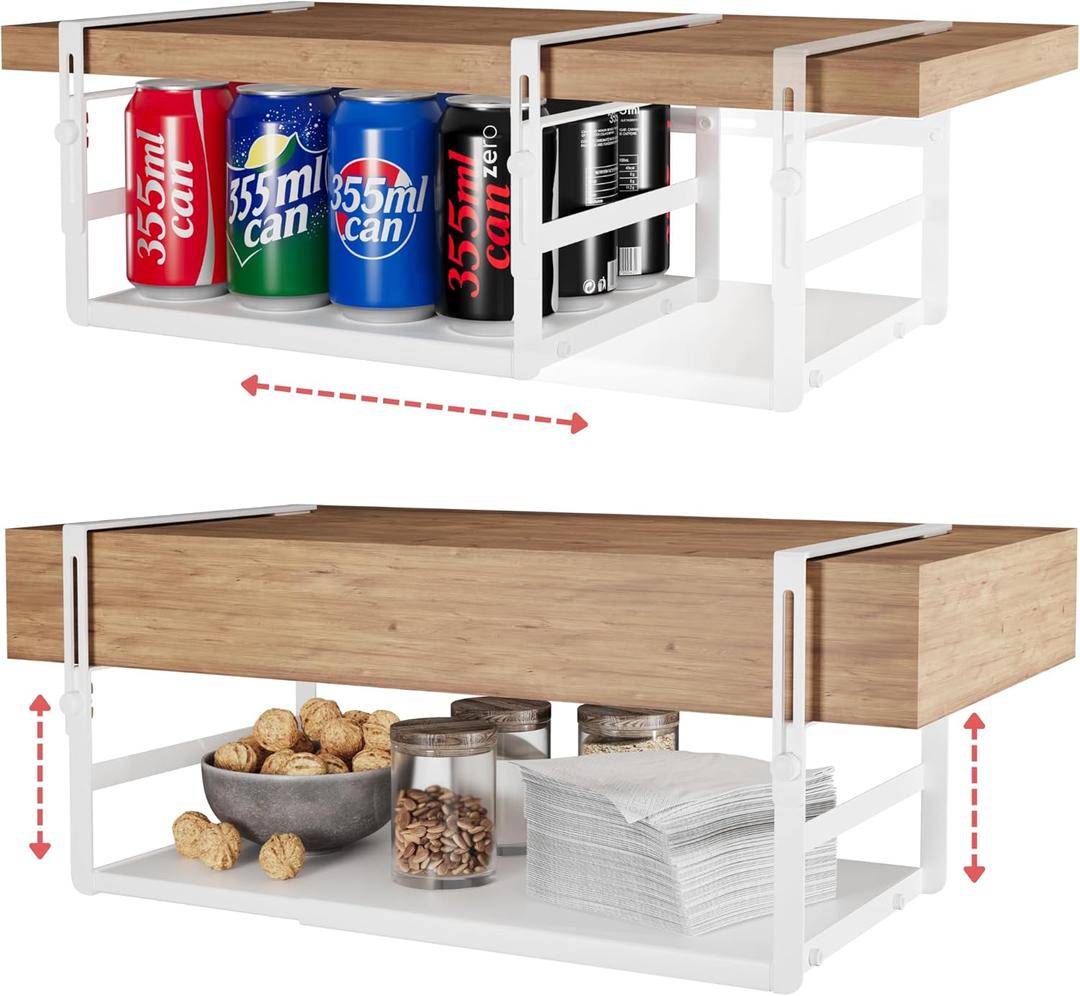 Under Shelf Storage Basket Organizer Expandable - Adjustable Width Height Cabinet Space Saver - Clip On Metal Hanging Rack - 30lb Capacity Kitchen Office Bathroom Declutter Solution - 2 Pack, White