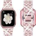 Supoix Compatible with Apple Watch Band 38mm 40mm 41mm 42mm 44mm 45mm 46mm 49mm+ Case, Women Jewelry Bling Diamond Rhinestone Replacement Metal Bands & 2 Pack PC Protector Case for iWatch Ultra 2/ Ultra Series 10/9/8/7/6/5/4/3/2/1/SE (Pink)