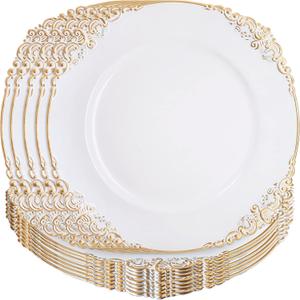 12 Pack White Charger Plates with Gold Rim, 13" Plastic Round Dinner Charger Dessert Plates Vintage Charger Serving Plates for Catering, Wedding, Tabletop Decor(Gold Floral Trim)