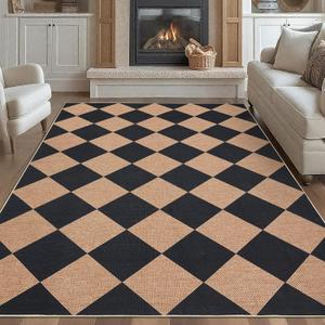 GarveeHome Easy Jute 8x10 Area Rugs for Living Room Checkered Rugs Machine Washable Non-Slip Backing Indoor Outdoor Carpets for Farmhouse Dining Room Nursery Patio Black Tan