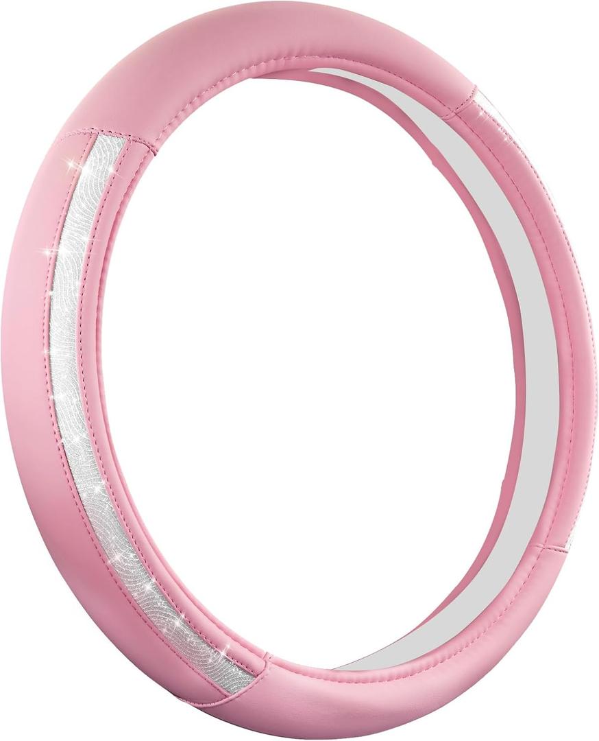 Road Comforts Steering Wheel Cover, Silver Bling Glitter with Black Leather, Universal Fit 14.5"-15.5" Wheel Cover for Women & Girls, Anti-Slip Protector for Cars, Trucks, Vans, SUVs (Pink & Sliver Glitter)