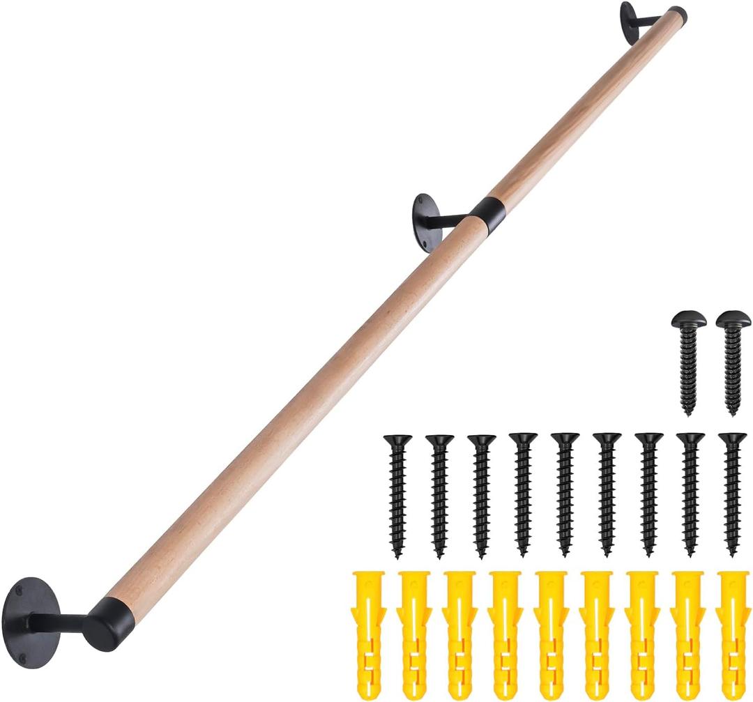 5 FT Wooden Stairs Handrails Wall Mount- Metal Support Wood Staircase Handrails, Interior Stair Railings, Banister Hand Railing, Outdoor Grab Bars Safety Handle for Elderly
