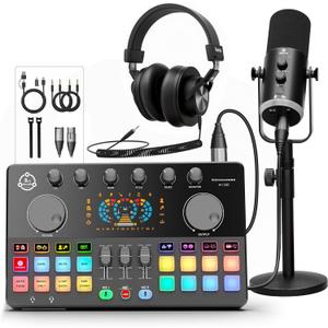 Podcast Equipment Bundle, RGB Audio Interface Mixer with Dynamic XLR/USB Microphone, Desktop Stand, Noise Reduction, Voice Changer, for Vocal Recording, Podcasting, Streaming, Gaming,TikTok