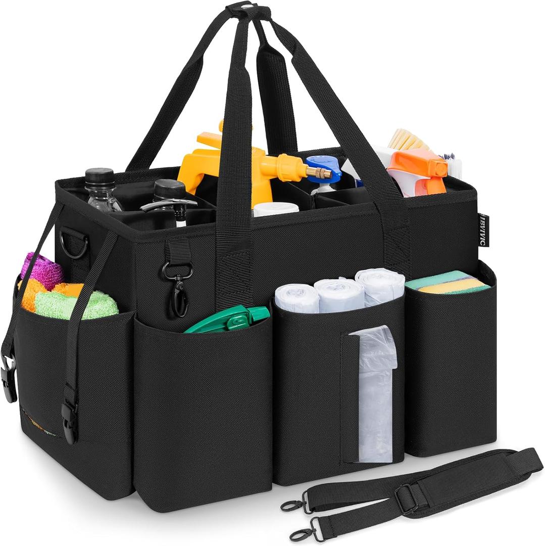 Wearable Cleaning Caddy Bag for Cleaning Supplies, Large Capacity Cleaning Organizer Tote Bag Simple Kitchen Cleaning Supplies Storage Bag for Cleaners Housekeepers (Black) (15L x 8.7W x 10.2H inch)