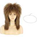 VGbeaty 70s 80s Mullet Wig Women Shoulder Length Straight Brown Wig with Necklace Rock Disco Cosplay Party Halloween Costume Wig