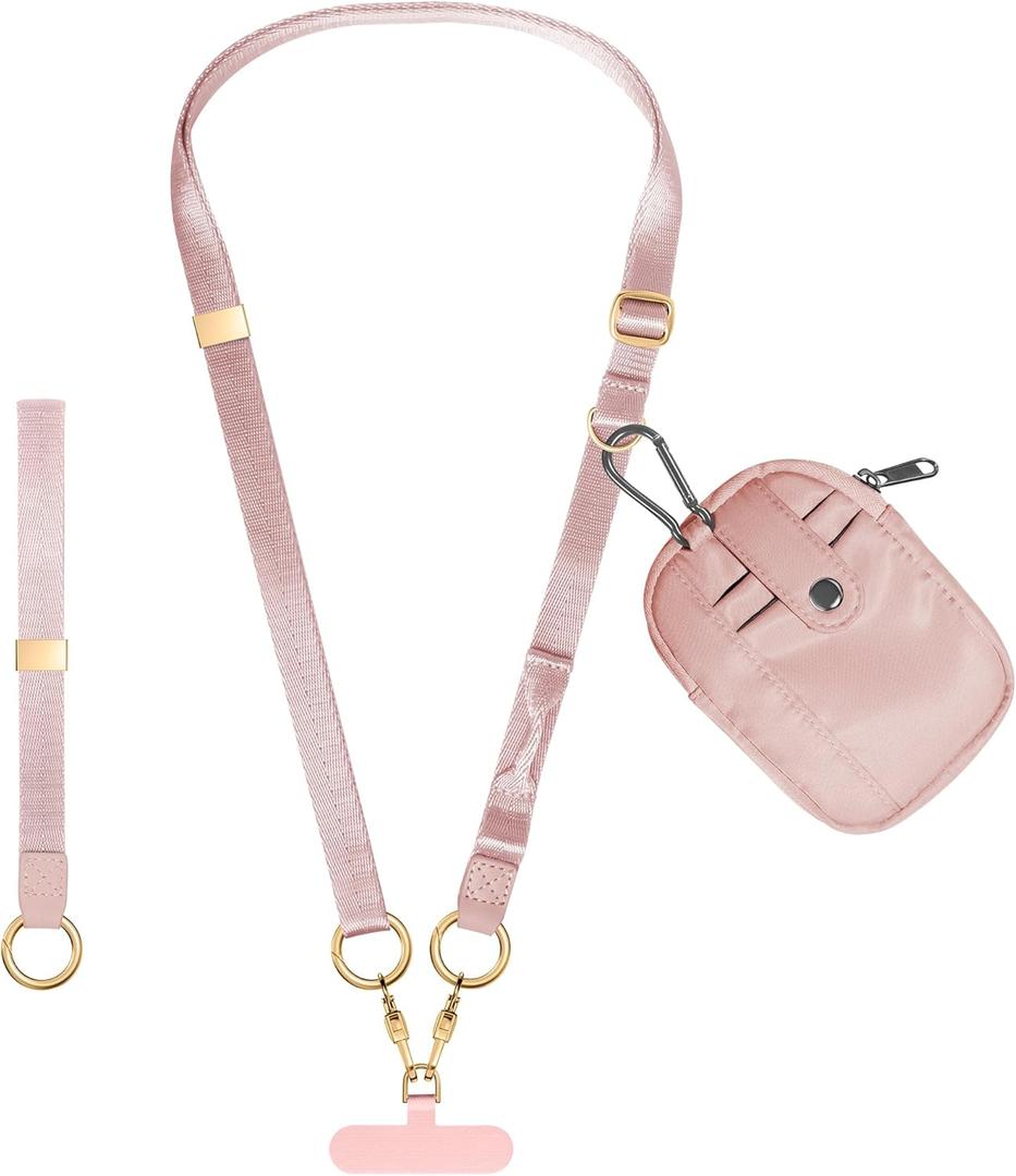 2 in 1 Phone Lanyard with Wallet, Anti Theft Phone Strap Crossbody Adjustable Phone Wrist Strap For Women Men (Pink)