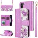 for Samsung Galaxy S23 5G Floral Wallet Case with Flip Zipper Purse Wrist Strap Shoulder Strap, Glitter PU Leather Card Holder Stand Phone Cover for S 23 23S GS23 G5 SM-S911U 6.1 inch Purple