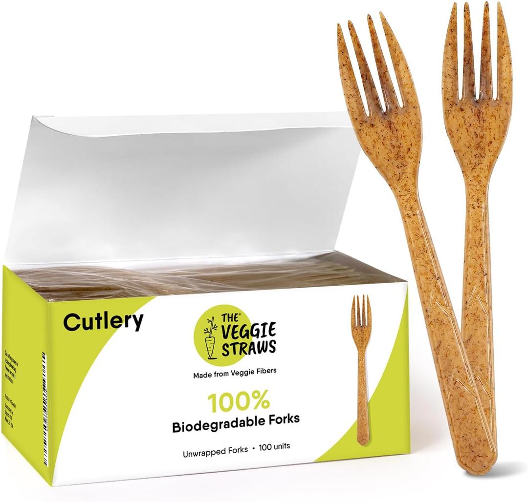 Premium Quality100% Biodegradable Forks Made of Vegetable Fibers, 100 PCS of 6.7 Long Heavy-Duty and Splinter Free Eco-Friendly Forks, Perfect Sustainable Cutlery for All Types of Occasions