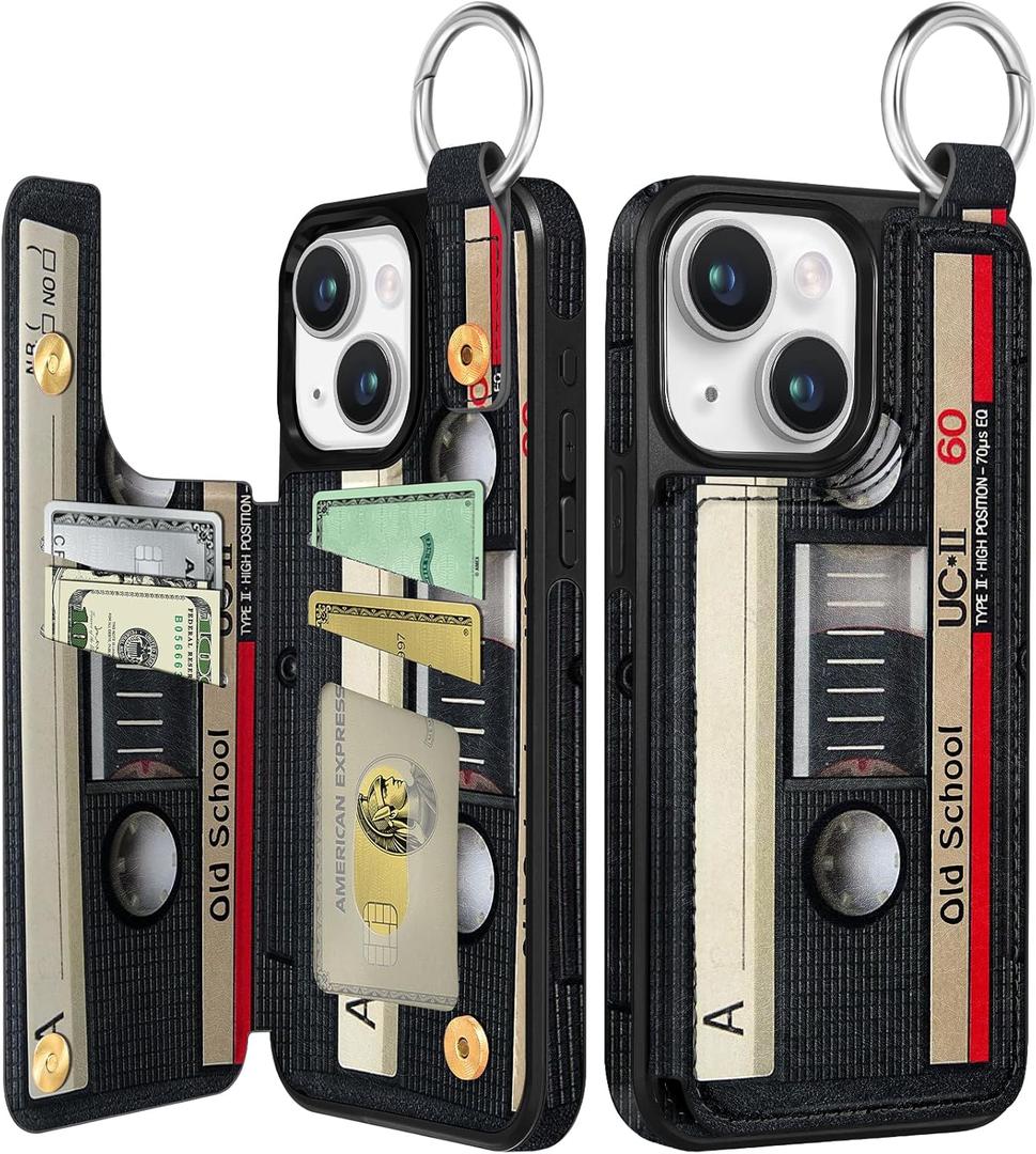 Shorogyt Compatible with iPhone 14 Wallet Case with Card Holder - Designer Cassette Tape Pattern Kickstand Magnetic Clasp Back Flip Folio Leather Phone Covers for Women Men Girls