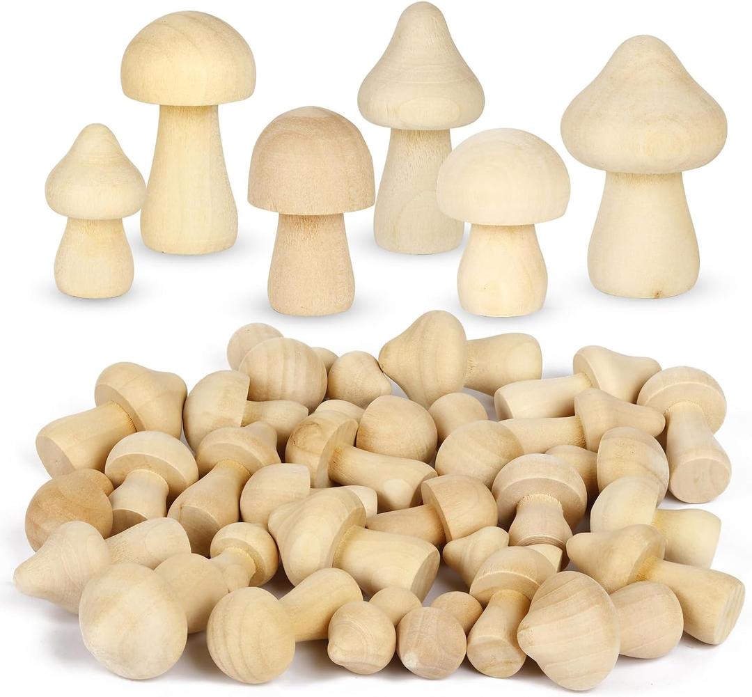 60PCS Unfinished Wooden Mushroom, 6 Sizes of Natural Mini Wood Mushrooms for Arts and Crafts Projects Decoration, DIY Paint Color