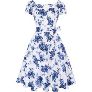 Girstunm Women's Classic Tea Dress Short Sleeve Swing Cocktail Party Dresses with Pockets (Blue, M)