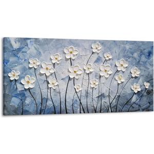 YHSKY ARTS 3D Hand - Painted White Floral Wall Art with Printed Blue Background, Textured Flower Decor for Home, 39.3"L x 19.6"W