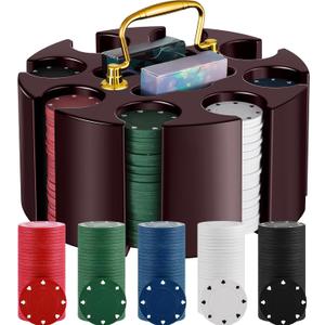 Wettarn Poker Chips Poker Set, 200 Count Rotating Chip Case Wood Carousel Case Holder with 200 Pcs Chips and 2 Decks of Playing Cards for Casino Party Supplies Family Game Accessory