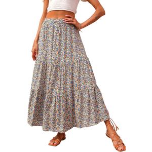 KIRUNDO Maxi Skirts for Women 2026 Summer Boho Floral High Waist Casual Flowy Long Skirt Beach Vacation Cruise Resort Wear (Beige, M)