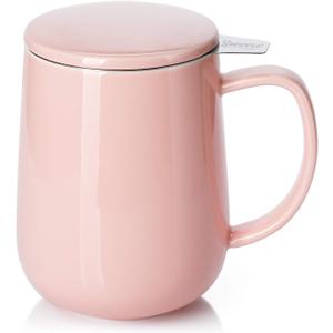 Sweese 20 OZ Porcelain Tea Mug with Infuser and Lid, Loose Leaf Tea Cup, Gifts for Tea Lover - Pink