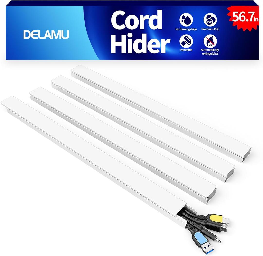 Delamu 56.7in Cord Hider, Wire Covers for 3-4 Cords on Wall, Premium Cable Hider Cord Covers for Wires, Paintable Cable Management Wire Hiders for TV, Cable Cover Raceway Kit, W1.18x H0.6in, White