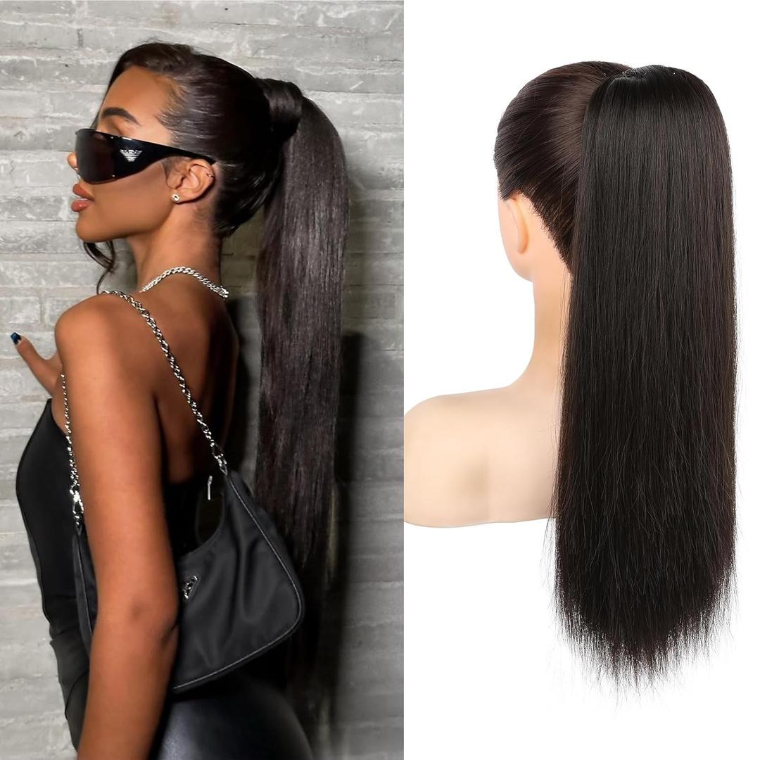 SEIKEA Ponytail Extensions Drawstring Long Straight Fake Pony Tail Natural Soft Clip in Hair Extension Synthetic Heat Resistant Hairpiece 20 Inch Black Brown