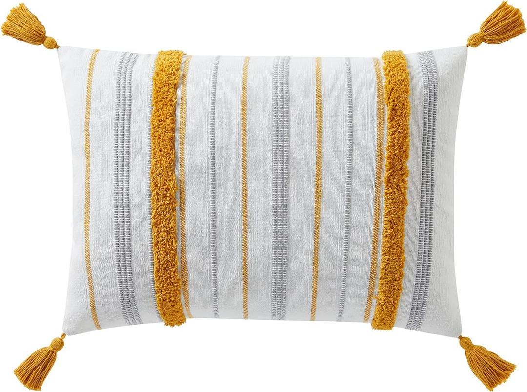 Indigo Ink - Decorative Pillow, Tufted Stripe Pillow with Tassels, Throw Pillows for Couch or Bed, Boho Home Decor, 14" x 20" (Tufted Medallion Collection, Grey/Yellow)