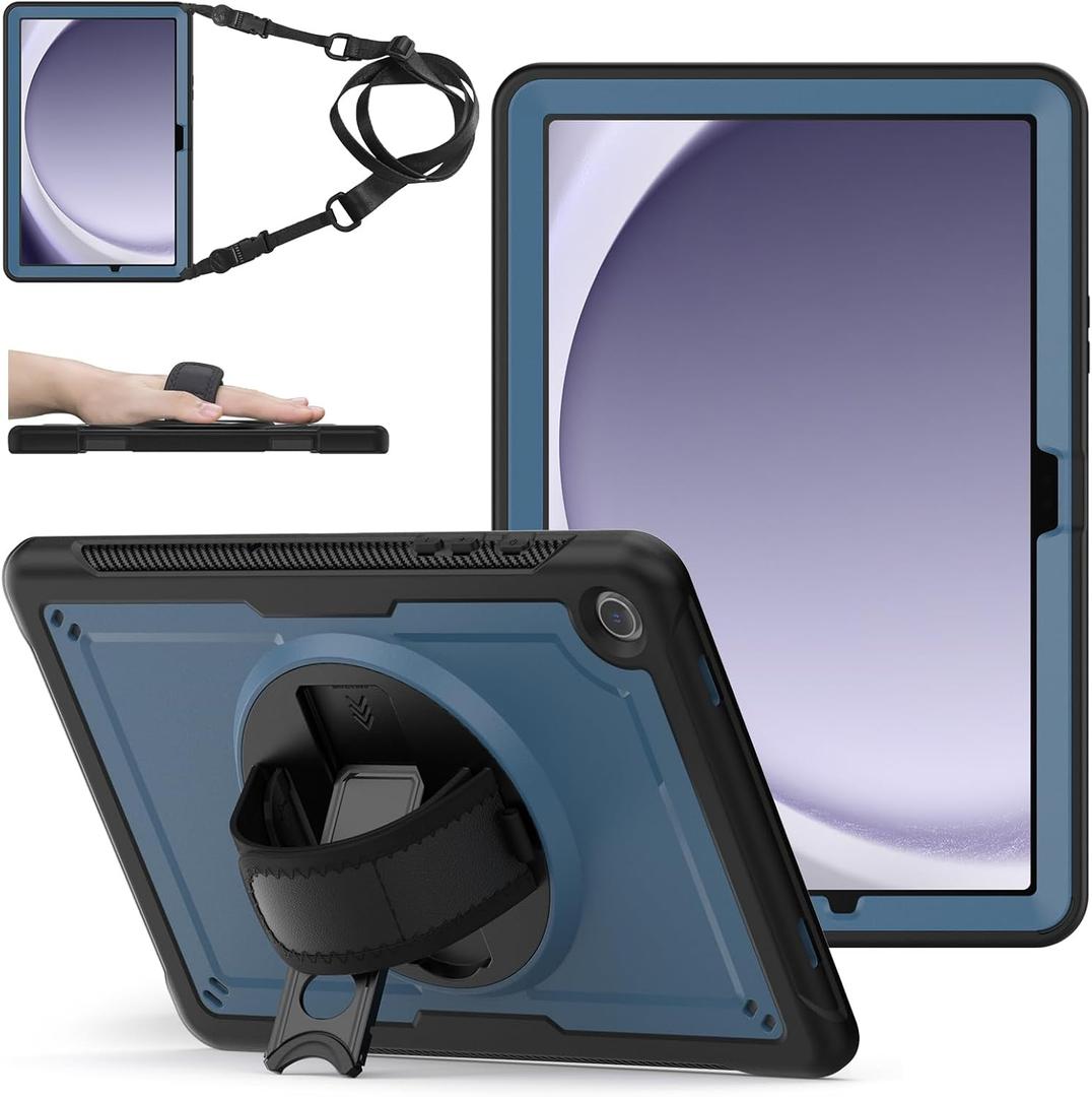ZenRich Case for Samsung Galaxy Tab A9 Plus / A9+ 5G 11" 2023 (SM-X210/X216/X218),Heavy Duty Shockproof Protective Case with 360 Rotating Kickstand Hand & Shoulder Belt for Galaxy Tab A9 Plus 11 inch (navy blue-slim hard case)