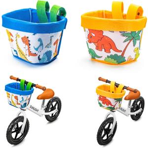 2PCS Kids Bike Basket Front, Cute Scooter Bag, Front Frame Handlebar Bag with Adjustable Straps Fit Most Toddlers Bike, Balance Bikes and Scooter (Dinosaur)